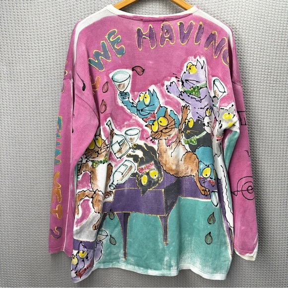 Vtg Kolorway Hand Painted Cat Sweater Pullover Size 1 Cocktail Bartender Kitty - Picture 5 of 8
